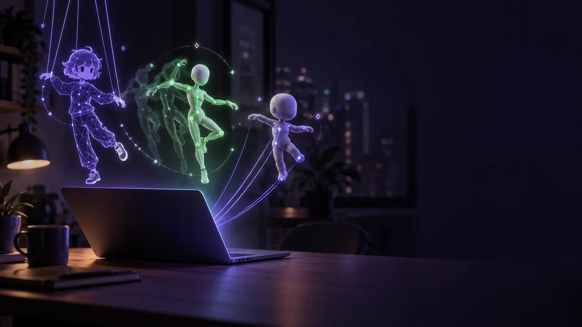 夜の机のノート PC の上に、網目で吊られた手描きのキャラクター、光る骨格の人形、光の線で PC とつながった人形の3体が浮かぶイメージ