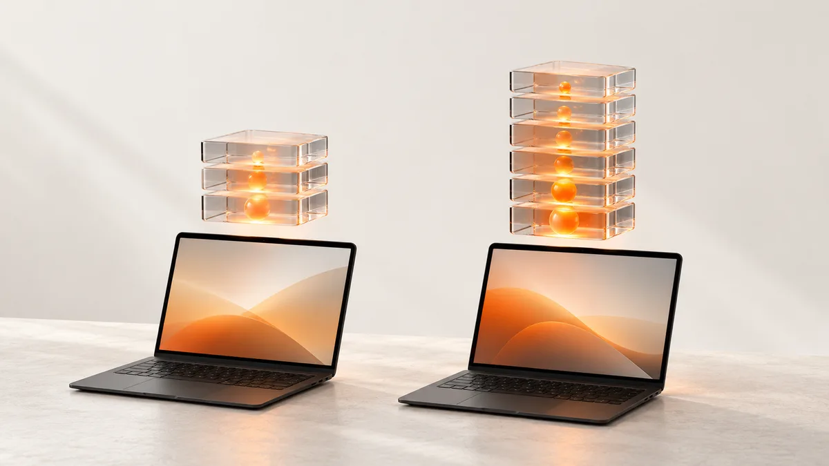 明るい机に並んだ同じ形のノート PC 2 台。左の上には低く、右の上には高く、オレンジの光が入ったガラスの積み木が浮かんでいる