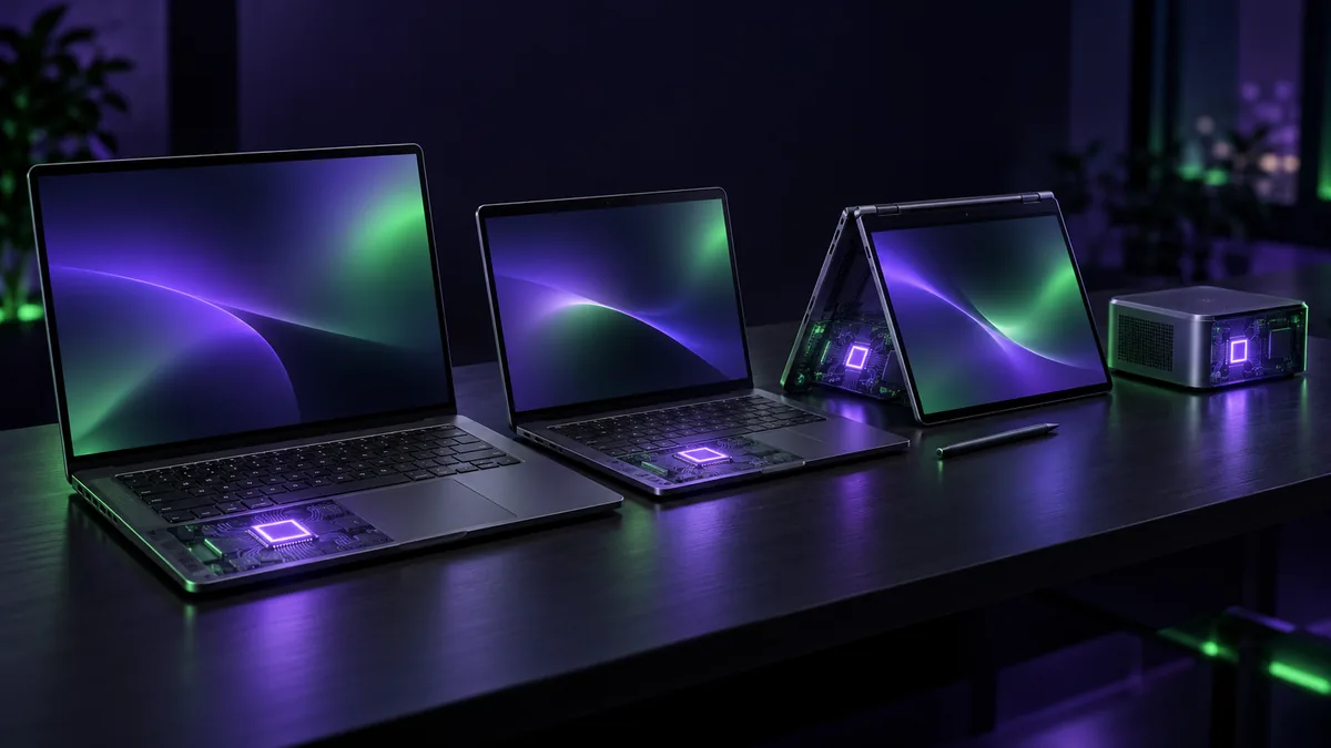 夜の机に、形の違うノート PC が何台か開いて並び、それぞれの中に同じ光る芯がある様子