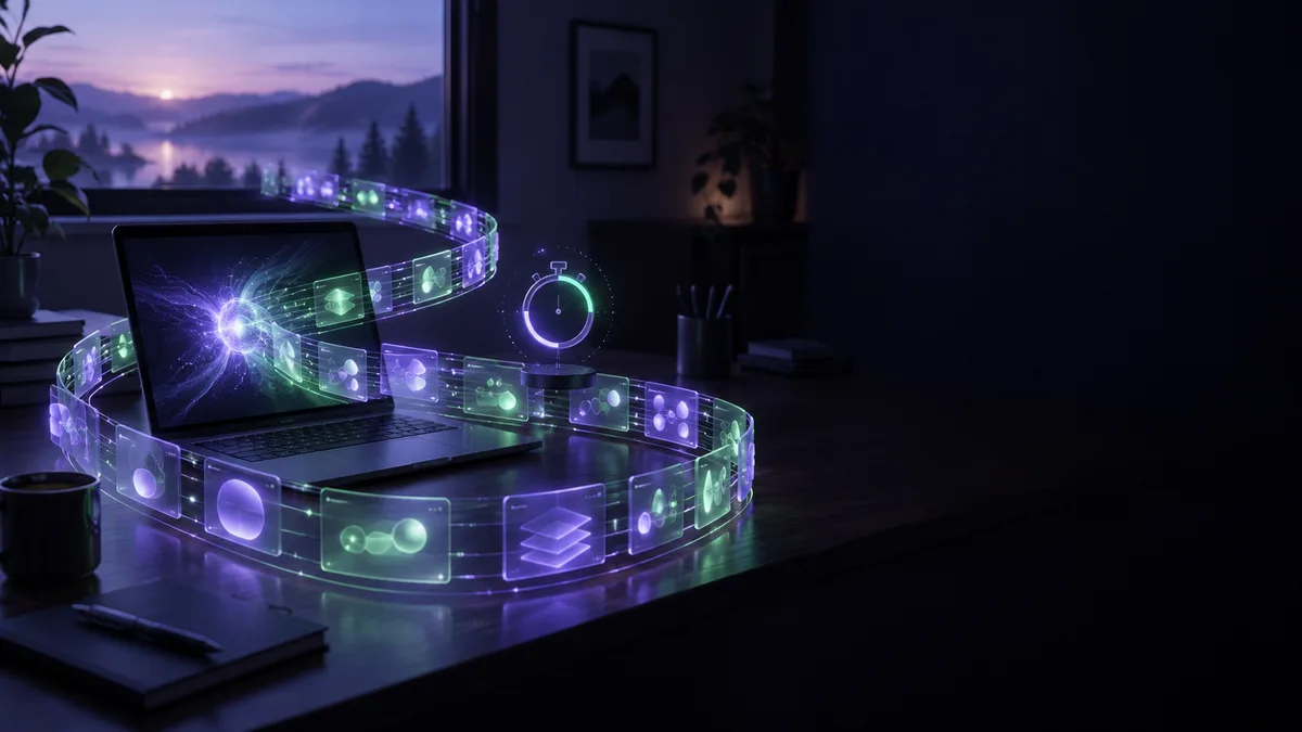 夜明けの机でノート PC の画面から、エージェントの作業が何本もの帯になって流れ出していくイメージ