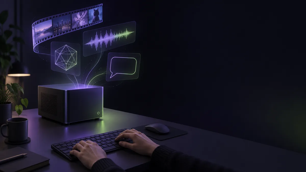 手元の小型PCの横で動画と声のアイデアが広がるイメージ