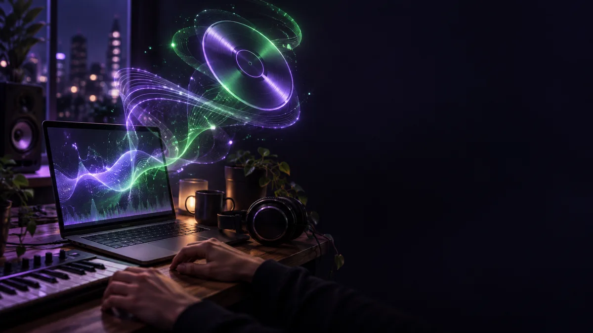 机の上のノート PC とヘッドホンの周りに、音符と歌詞のカードが浮かんでいるイメージ