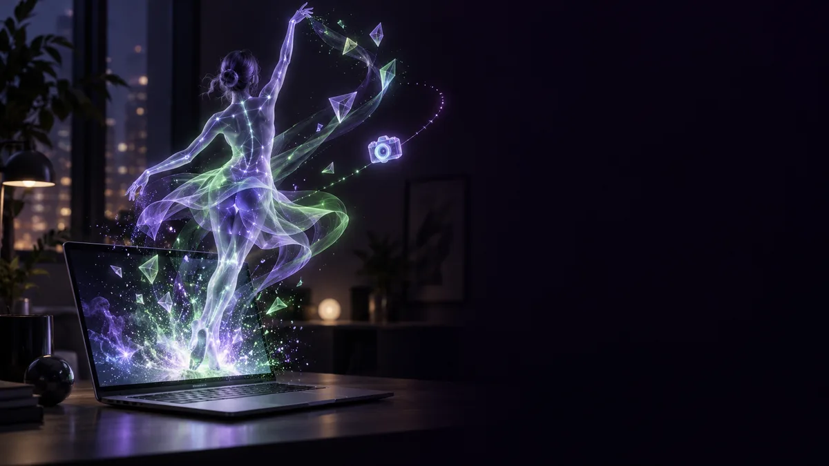 A glowing silhouette of a dancing girl with lit text hanging from her raised hand and a wave of color spreading at her feet