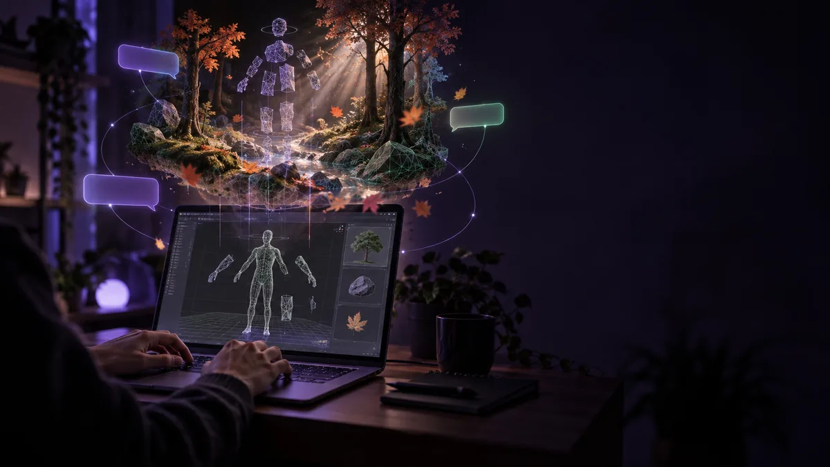 A laptop on a desk showing a 3D scene of falling leaves and sunlight filtering through trees