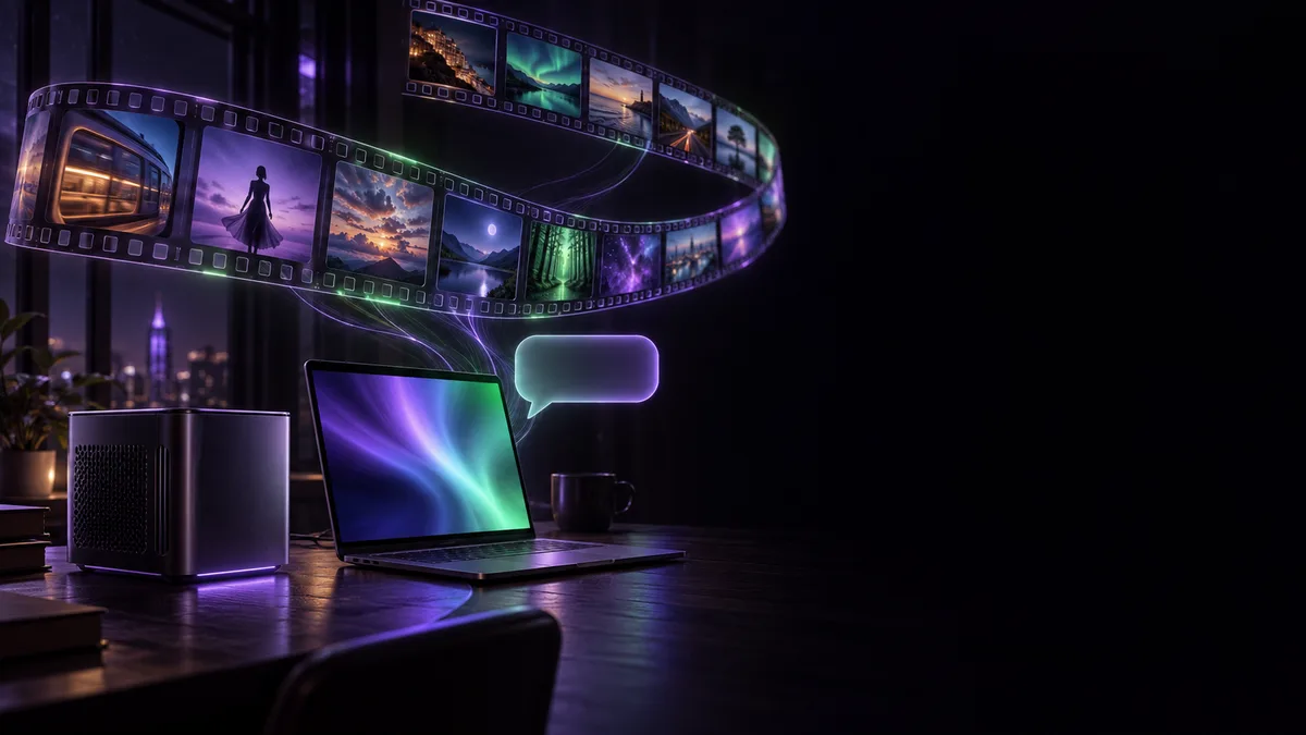 A glowing monitor on a night desk, with strips of video frames stacking up in a long band beside it