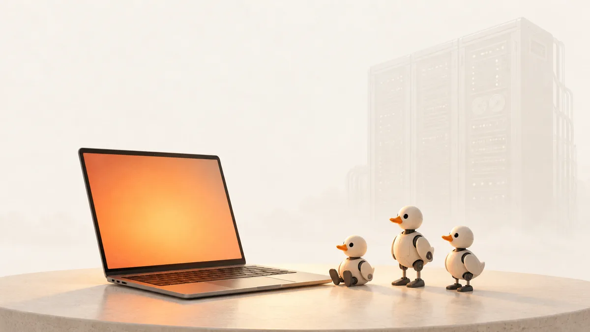 A laptop open on a round table next to three small duck-shaped robots, with tall server racks faintly visible in the background