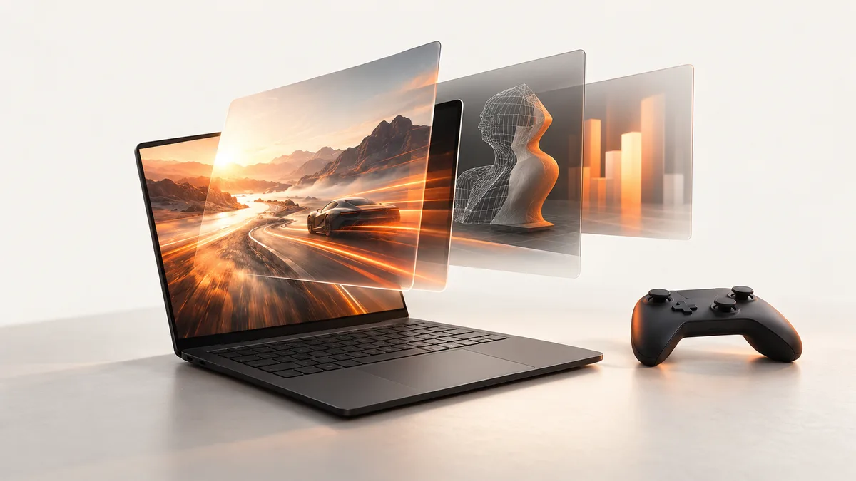 A laptop on a bright desk with translucent panes fanning out from its screen, showing a racing landscape, a 3D sculpture and glowing bars, next to a game controller